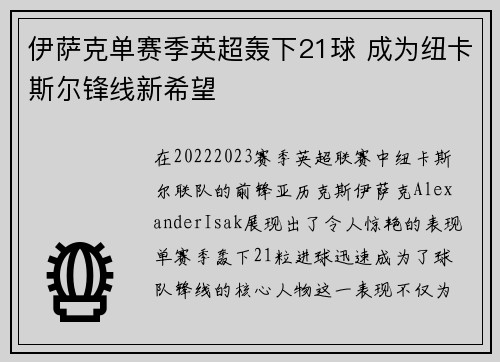 伊萨克单赛季英超轰下21球 成为纽卡斯尔锋线新希望